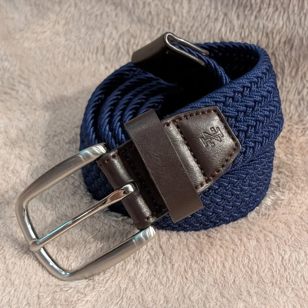 IZOD Belt Braided Stretch Woven Synthetic Leather Trim L 38-40 Navy Blue 45 Inch